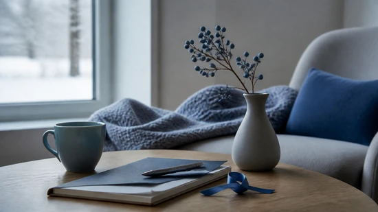 KI-generiertes Symbolbild: Notizbuch, Tasse und Decke neben einem Sofa.