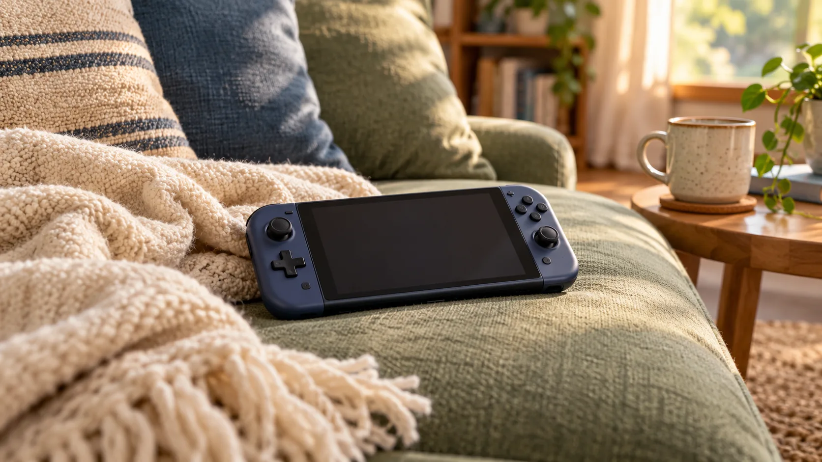 KI-generiertes Symbolmotiv: Eine ausgeschaltete Handheld-Spielkonsole liegt neben einer weichen Decke auf einem Sofa.